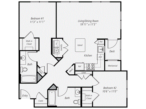 A floor plan of a house with two bedrooms, a living/dining room, a kitchen, a bathroom, and an entry.